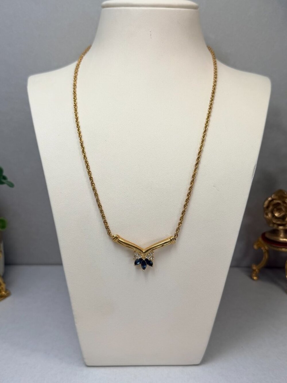 Vintage Roman Blue Rhinestone Chevron Necklace Gold Tone Vintage 18’ Long